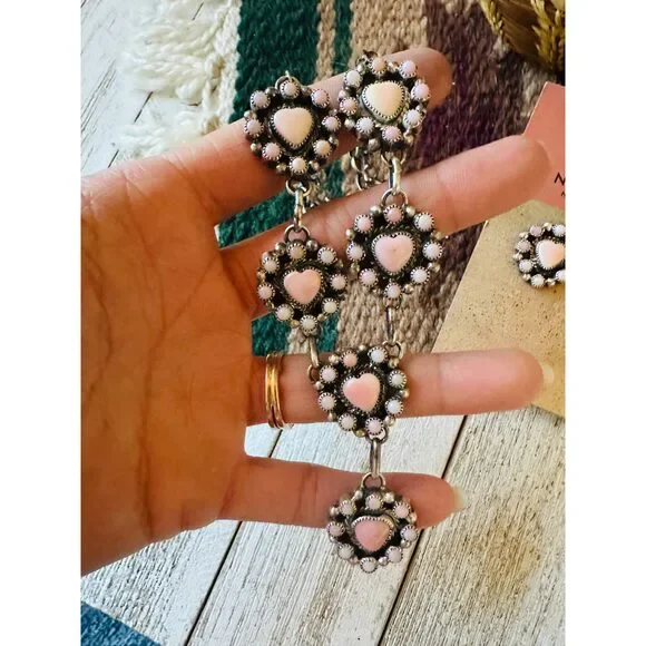 Navajo Queen Pink Conch & Sterling Silver Heart Necklace Set